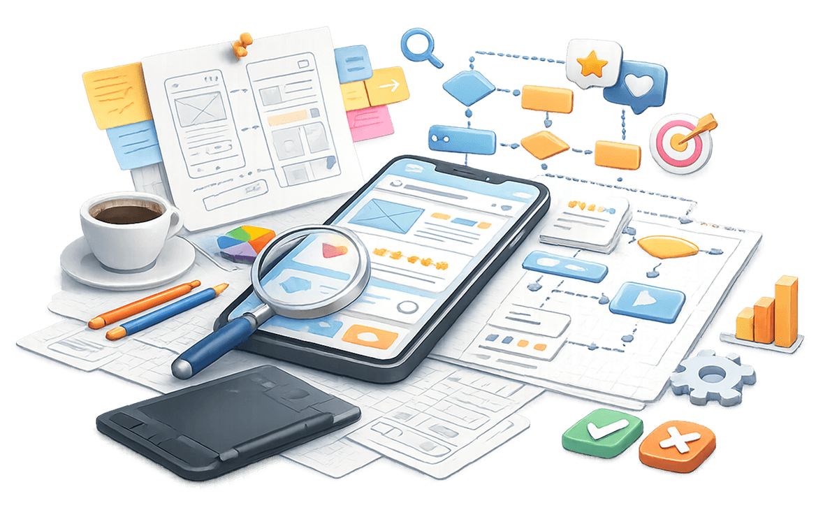 UX UI design illustration with mobile wireframes, sticky notes and user flows