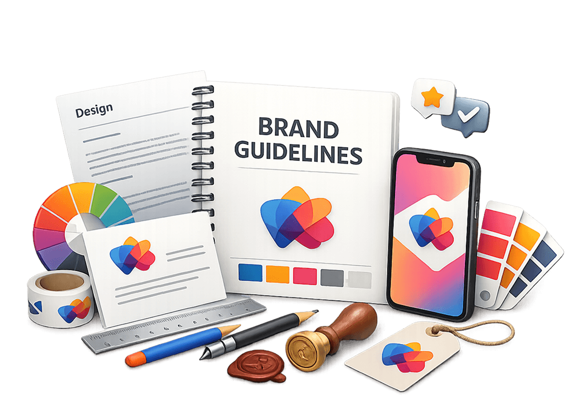 Brand identity mockup with guidelines book, color swatches and stationery